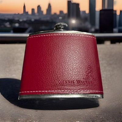 Johnnie Walker 5 oz Stainless Steel Flask   Red Leather Wrapped   NEW