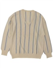 VINTAGE Mens V-Neck Jumper Sweater Medium Off White Striped CO03