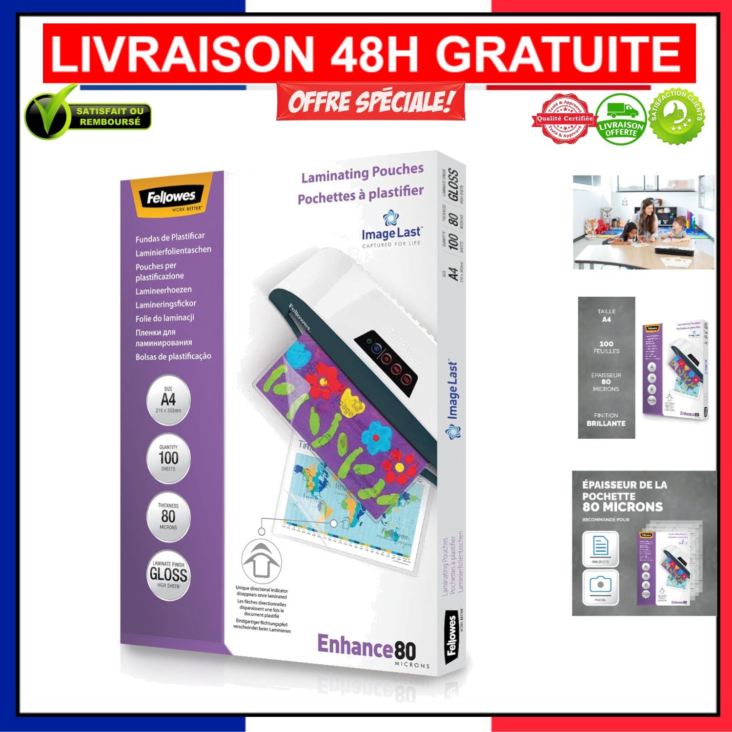 Pochettes de plastification A4 haute transparence brillance miroir 80 microns 100 feuilles