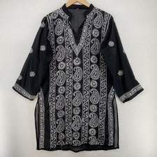 Tunic Womens 44 Chikankari Kurti Paisley Embroidered Split Neck Sheer Black
