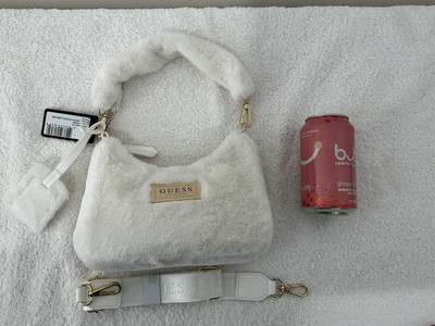 Guess White Vanna Faux Fur Shoulder Bag, New with Tags