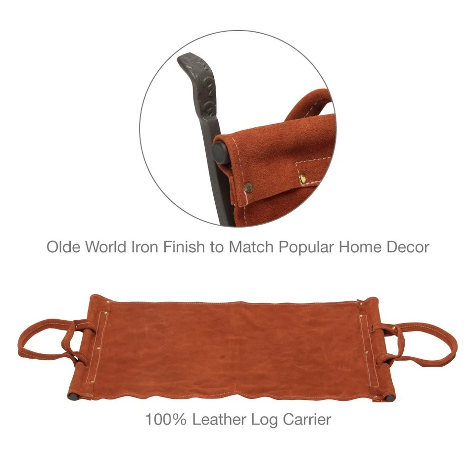 Soporte para troncos de leña de hierro Olde World con soporte de cuero gamuza (W-1189) Foto 4 de 4
