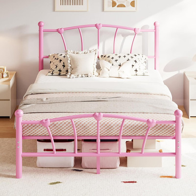 Pink Heart Shaped Full Bed Frame for Kids with Headboard & Footboard