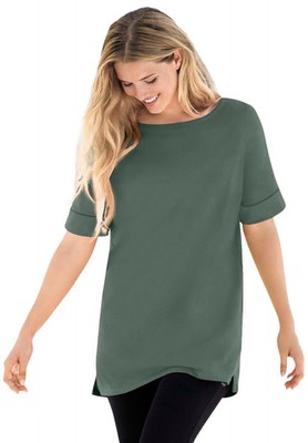 Woman Within Plus Size Perfect Cuffed Elbow-Sleeve Boat-Neck Tee