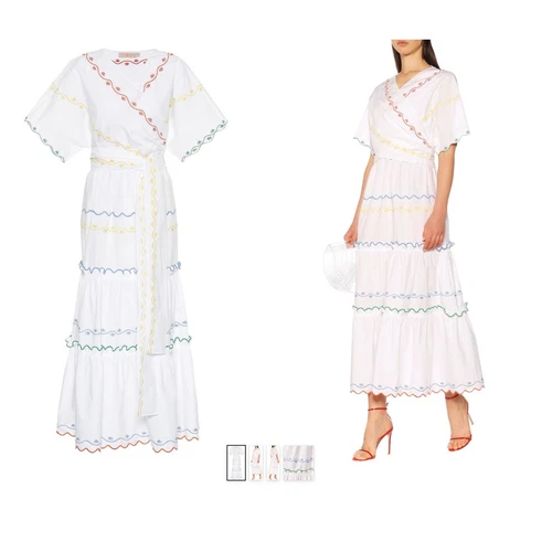 Maxi abito avvolgente TORY BURCH a strati in popeline di cotone ricamato capesante