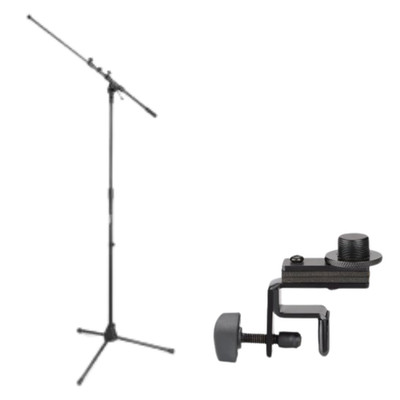 Telescoping Euro Boom Mic Stand + Heavy-Duty Drum Rim Rim-Mount Microphone Clip
