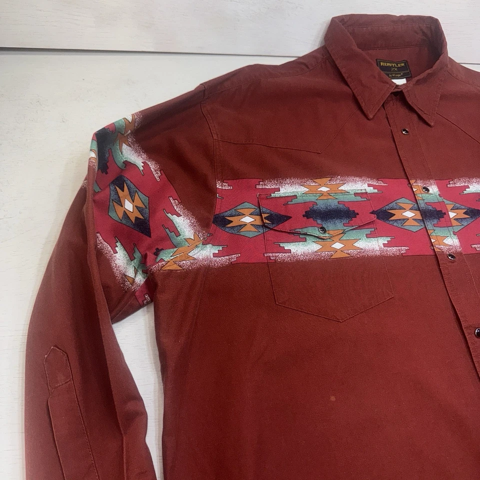 Vtg Rustler By Wrangler Shirt Mens  2X Aztec Western Pearl Snap Southwest - Image 4 of 4