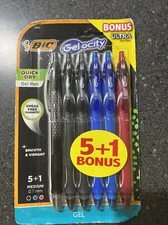 Bic Gel-ocity Gel Pen Medium 0.7mm 6 Ct Blue Black Red Quick Dry Retract Ultra