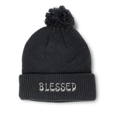 Pom Pom Beanies for Women Blessed Embroidery God Winter Hats for Men Skull Cap