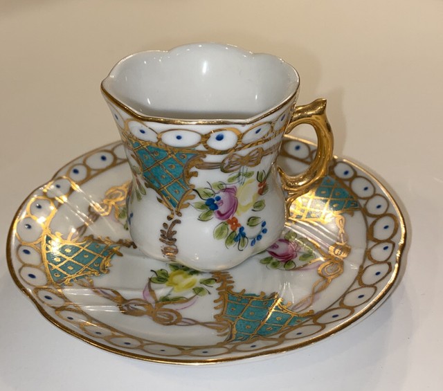 Antique Porcelain Limoges China Demitasse Cup & Saucer Gold Teal Floral