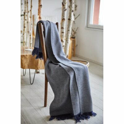 OS-SAOL Luxury Herringbone Throw Blanket 100% Merino Wool Fringe Ends Blue