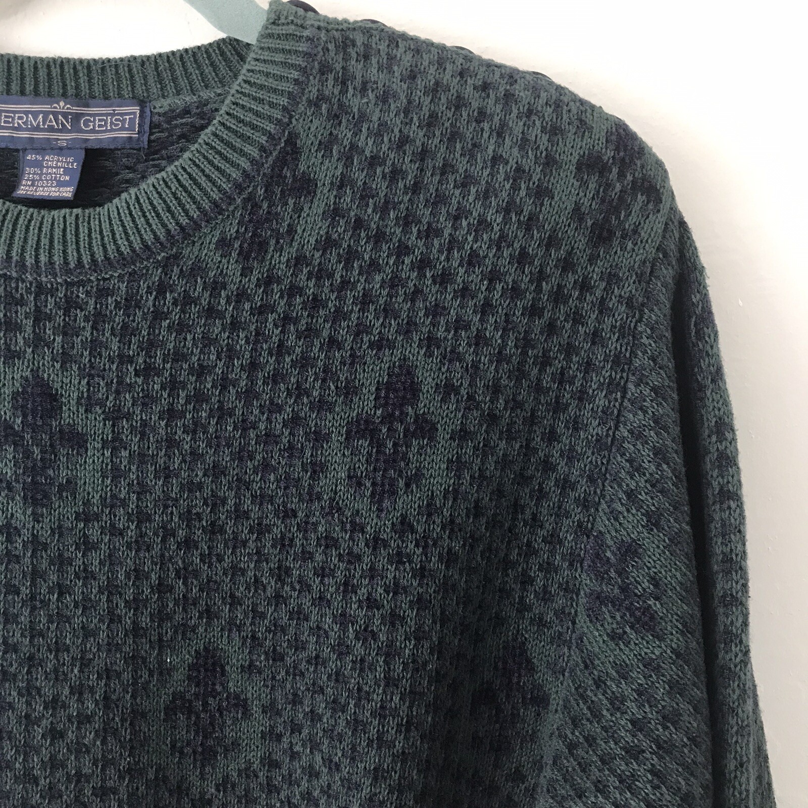 Vintage Herman Geist “Fleur De Lis” Green Sweater Sz S Buttons Shoulder ...