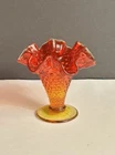 Vintage  Fenton  hobnail Bud Vase Ruffle Top 3 3/4” Red Orange Amberina