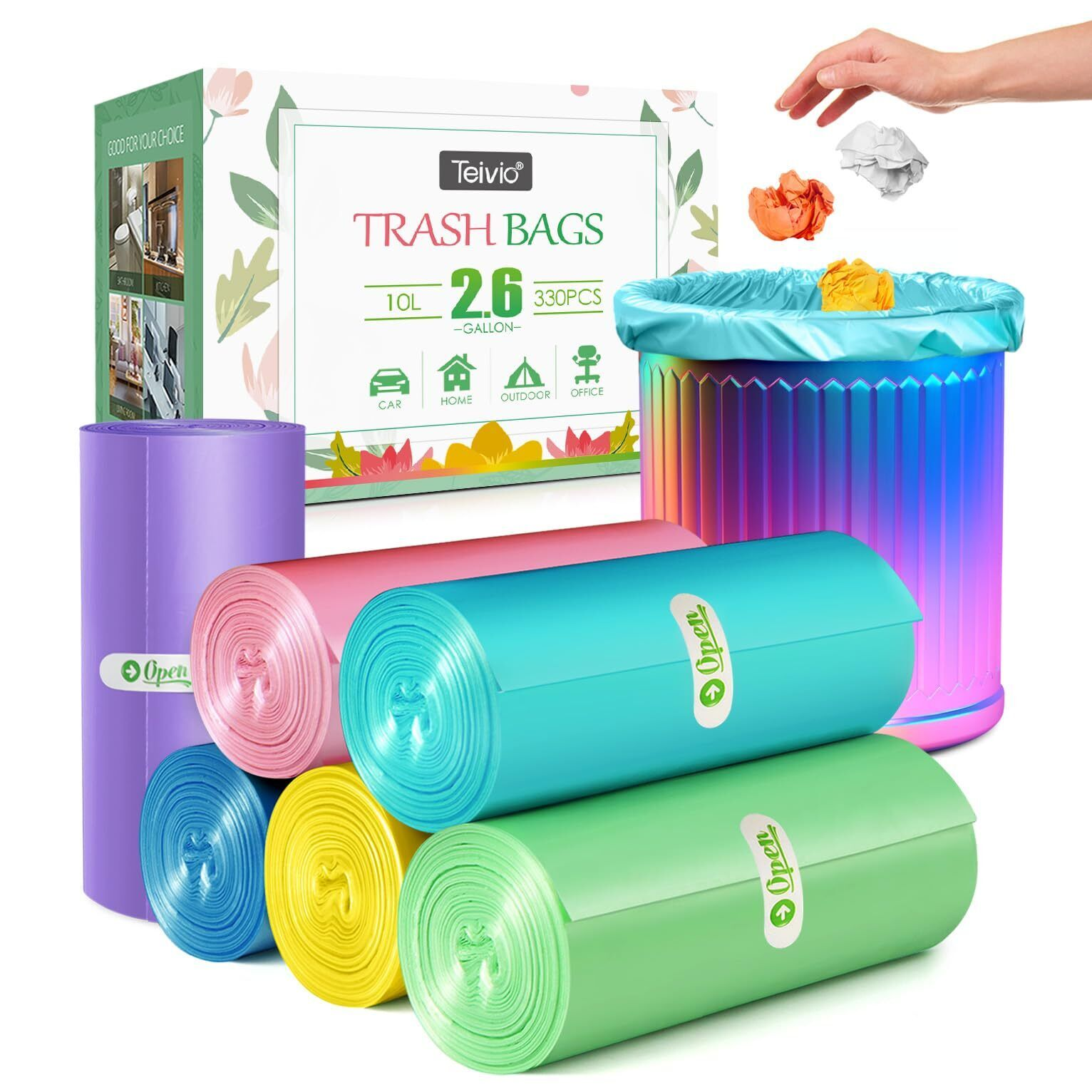2.6 Gallon/330Pcs Strong Trash Bags Colorful Clear Garbage Bags by , Bathroom...