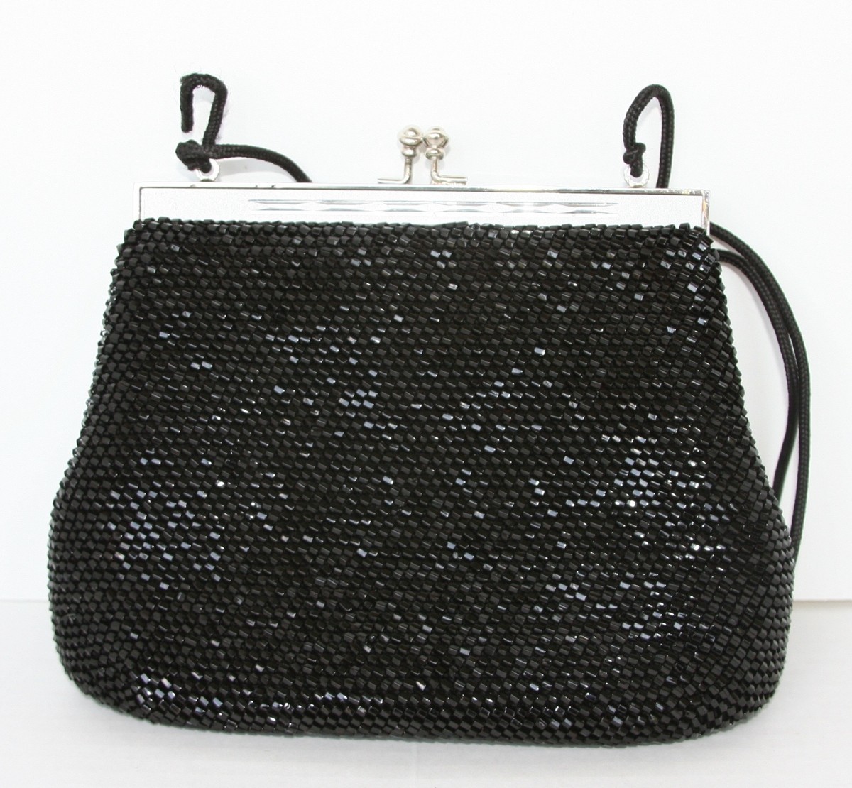 Beautiful black shiny beaded cocktail clutch purse with silver