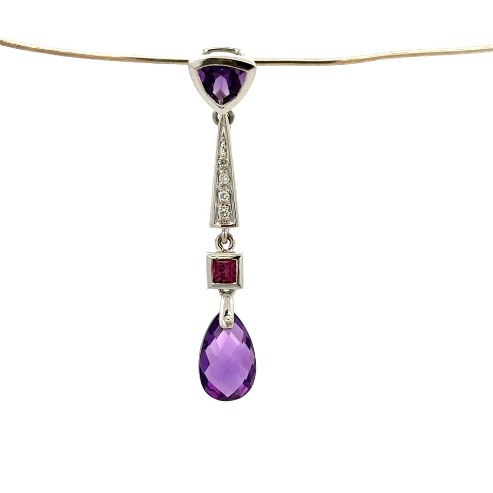 14K White Gold Amethyst & Rhodolite Garnet + Diamond Accents Dangle Pendant - Image 2 of 4