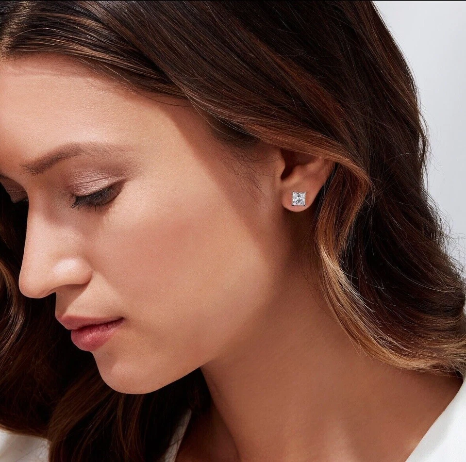 Screw Back Studs Princess Lab Grown 0.2Ct-1ct Diamond Solitaire 14K White Gold - Image 4 of 4