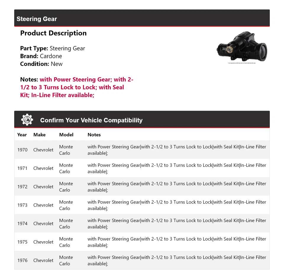 Para Chevrolet Monte Carlo 1970-1976 engranaje de dirección Cardone 1971 1972 1973 1974 Foto 2 de 4