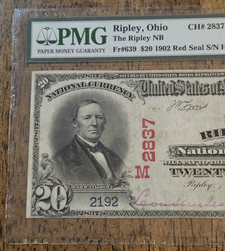 1902 $20 Dollar Red Seal National Bank of Ripley Ohio FR#639 CH#2837 PMG 25 NET - Image 4 of 4
