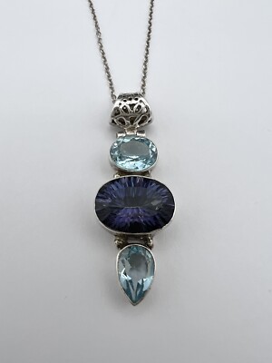 YS India Sterling Silver Amethyst and Blue Topaz Pendant 16-18  Necklace 