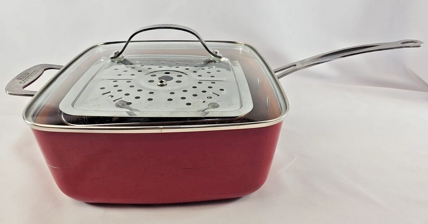 Red Copper Square Frying Pan Set 10x10x4.5 Lid Deep Fry Basket Non Stick Ceramic