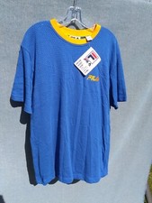 VTG NWT 90s FILA Perforated Sporty Shirt w/ Embroidered Logo SZ L Blue Yellow