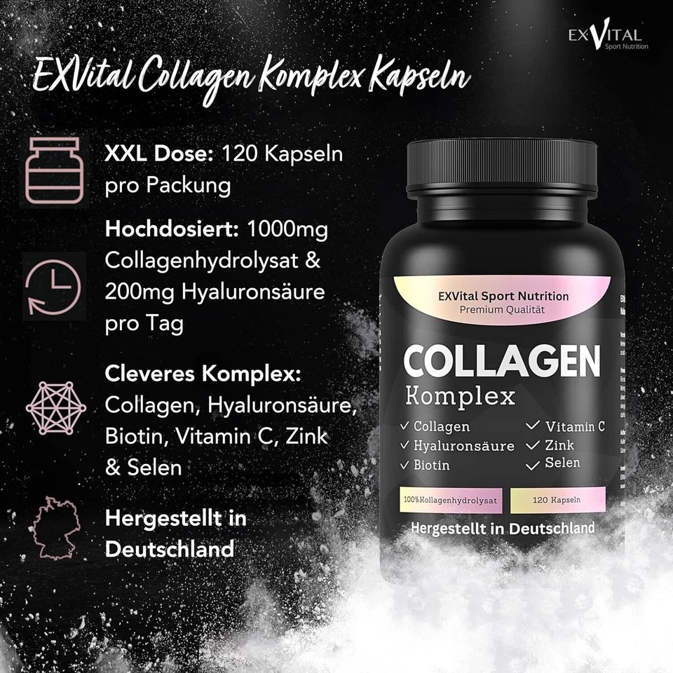 Collagen Hyaluronsäure Komplex, 120 Kapseln 1000mg Kollagen von EXVital - Bild 2 von 4