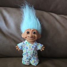 Vintage Russ Troll Doll in Polka Dot PJs, Light Blue/green Hair 4.5  