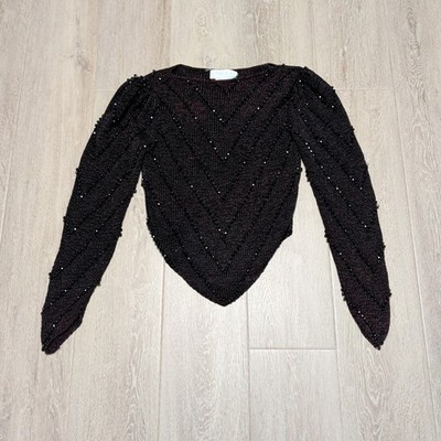 Rare Vintage 80s E. Haas & Co Beaded Knit Sweater Small Burgundy Black Chevron