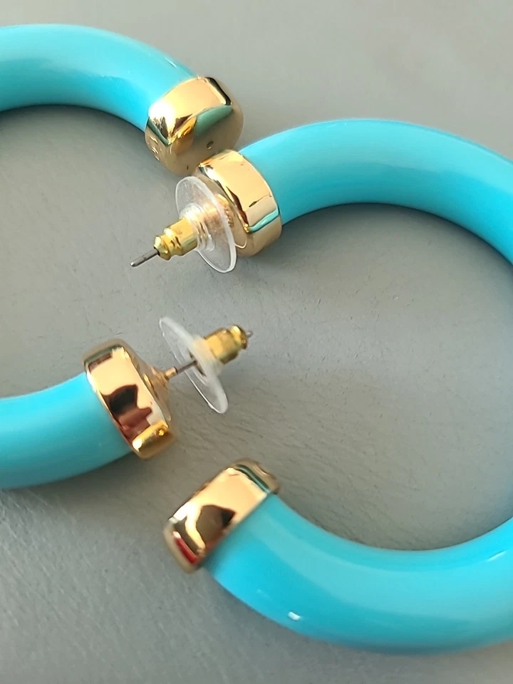 Neiman Marcus Hoop Earrings 2.5" Red And Turquis Gold Ends - Image 3 of 4