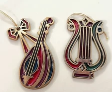 Avon Vintage Stained Glass Christmas Ornaments Musical Instrument Design. 2pc
