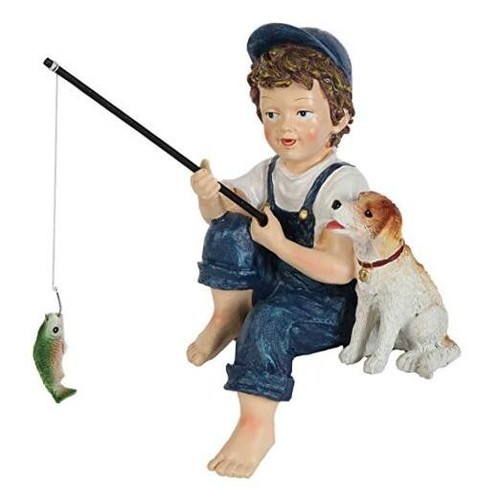 Lily’s Home Fishing Little Boy with Dog. Mini Outdoor Yard Figurine 11 Inch