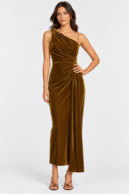 Muse by Marchesa Ayla One Shoulder Velvet Formal Dress Gown Mustard Gold SZ 8