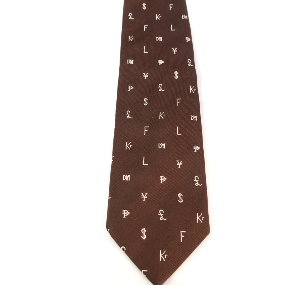 Corbata de cuello PIERRE CARDIN vintage para hombre marrón símbolo de moneda dinero bancario años 80 trabajo Foto 4 de 4