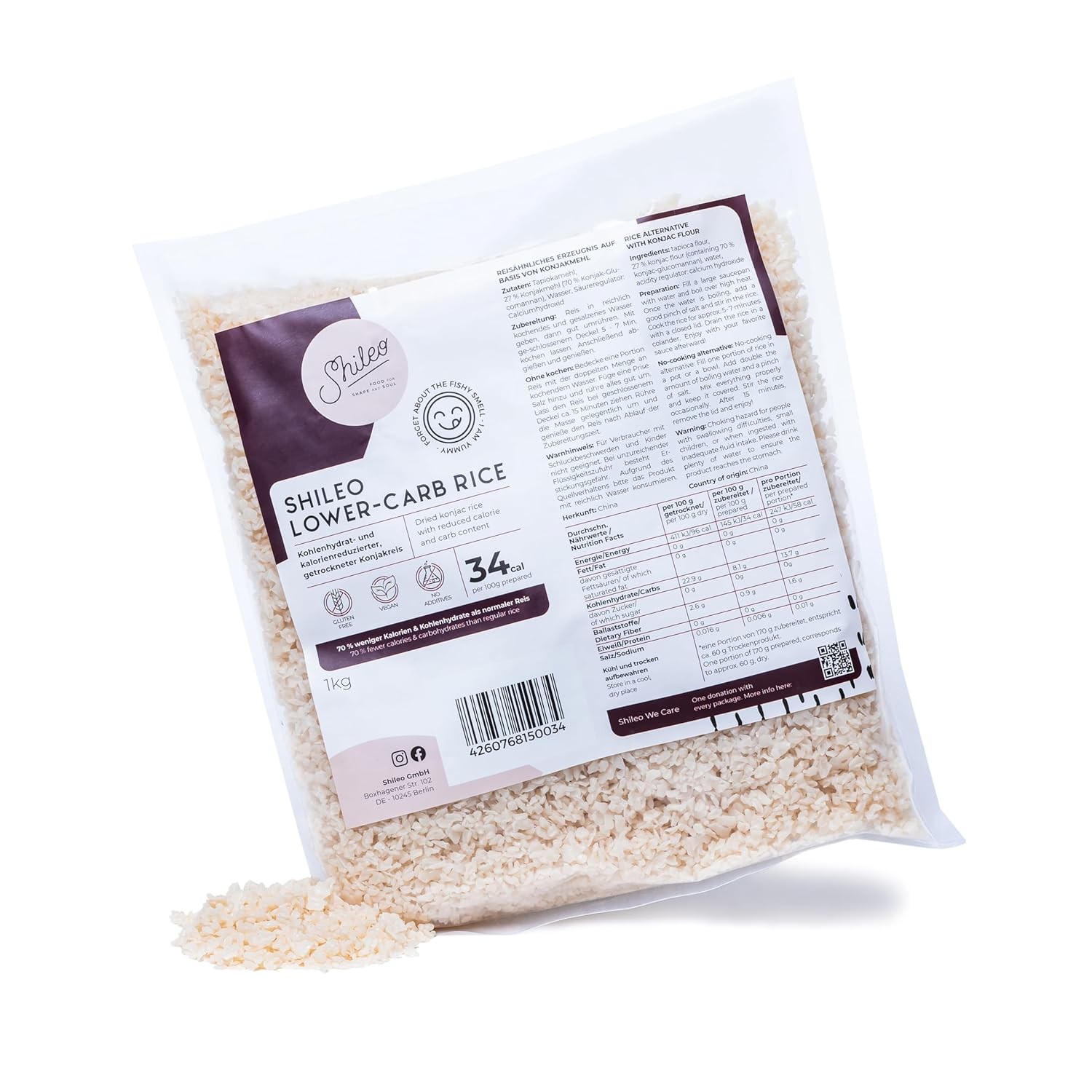Shileo Lower-Carb Arroz de Konjak 1kg | Seco en lugar de encurtido