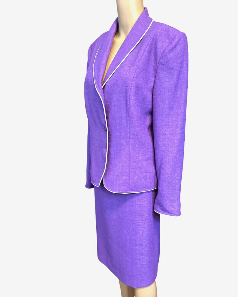 Traje de mujer Morgan Miller falda chaqueta púrpura con ribete en contraste forrado talla 12 Foto 3 de 4