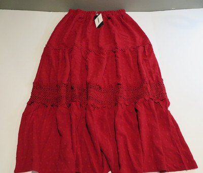 Women s Red Long Skirt with Lace Design