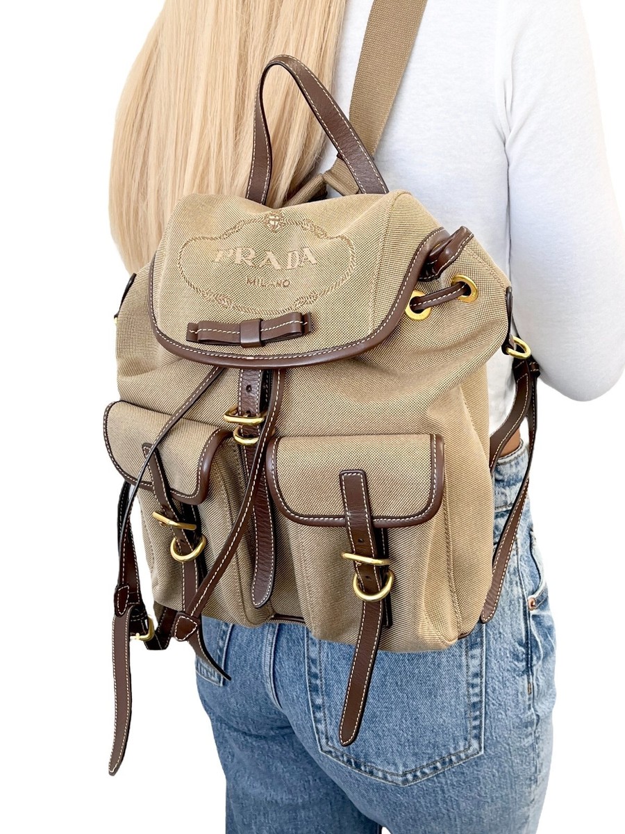 PRADA Vintage Logo Jacquard Backpack Brown Gold Canvas Leather