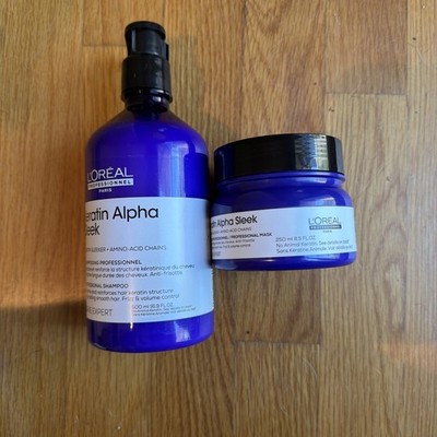 L'OREAL KERATIN ALPHA SLEEK SHAMPOO 16.9 OZ W/ PUMP & L'OREAL KERATIN MASQUE 8.5