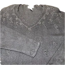 Erika II Collection Black Embroidered Floral Silk Angora Sweater Vtg Womens 2XL