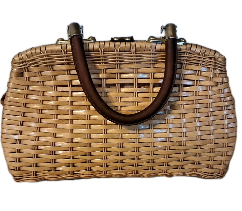 Bolso de mano vintage con canasta de mimbre hecho en Hong Kong británico tejido Foto 2 de 4