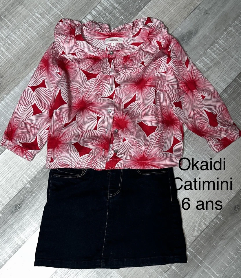 Catimini OKAIDI 6 Ans Fille : CHEMISIER ROUGE Et Jupe En Jean Été TBE - Photo 1/1