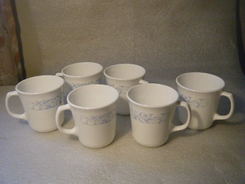 6 Vintage Corning Ware Sea & Sand Tea Coffee Cups White Blue Flower Lot