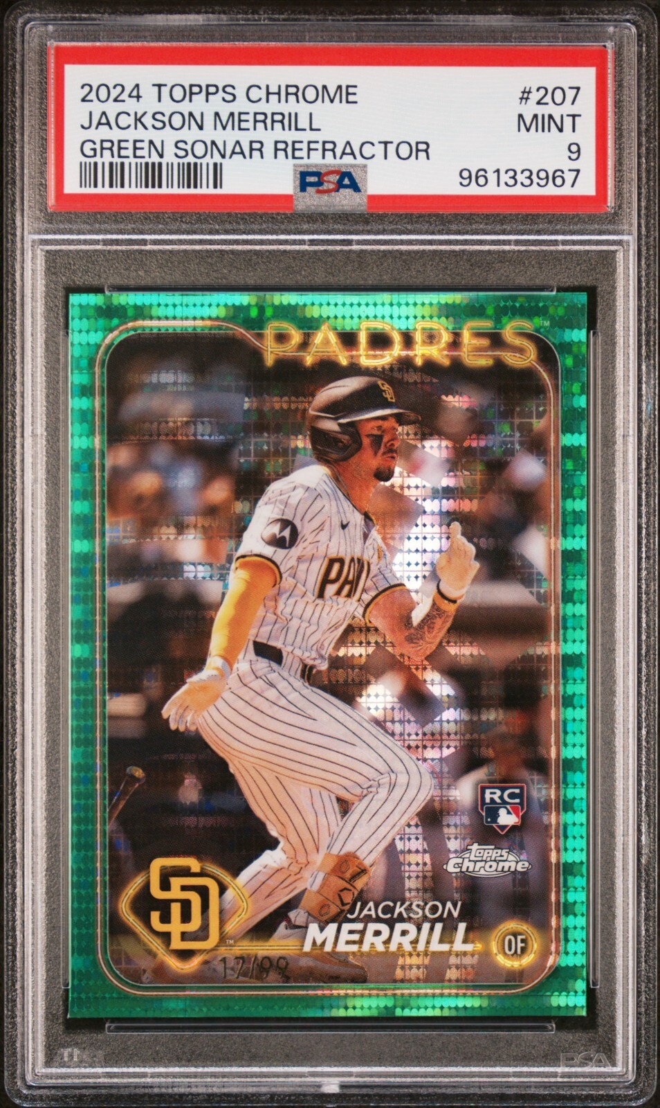 2024 Topps Chrome Jackson Merrill Sonar Green Refractor/ 99 #207 Rookie PSA 9