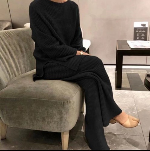 Womens Cashmere Knitted Sweater Wide-Legs Pants 2Pcs Knitwear Warm Tops Suit - Imagen 8 de 27