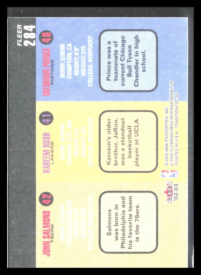 Tayshaun Prince / Kareem Rush / John Salmons RC 2002 Fleer Tradition #284 - Image 2 of 2