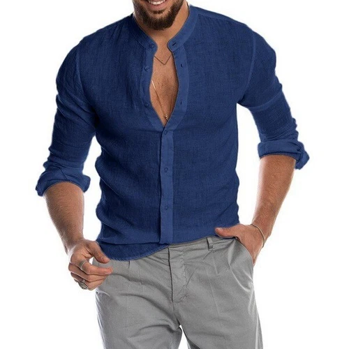 Herren Freizeit Lose Leinen Cardigan Shirt Ständer Kragen Langarm Blusen Tops - Bild 27 von 88