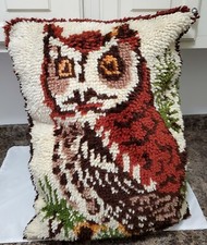 Vintage 1970s Latch Hook Homemade Folk Art OWL Two Sided Pillow Plush Rare 1/1 