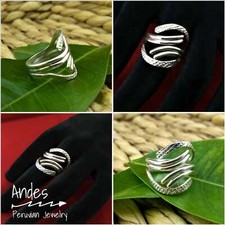 Handmade peruvian ring 950 silver w/ lateral design on strips Size 9.5