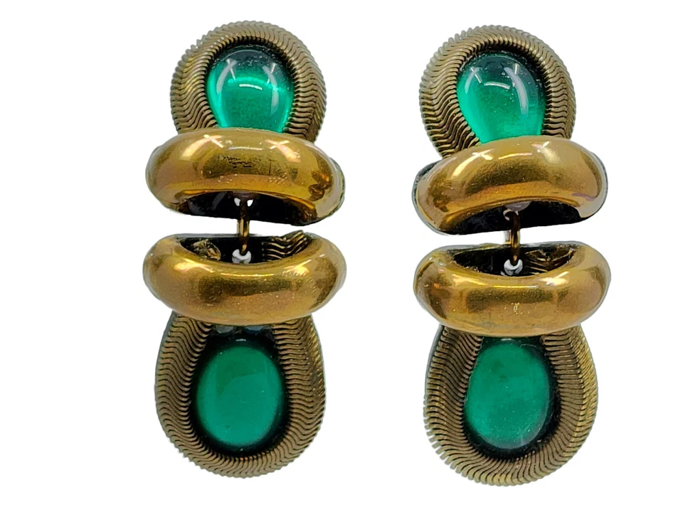 PENDIENTES FIRMADOS M J HANSEN '88 CRISTAL VERDE CLIP ~ 2.5" Foto 2 de 4